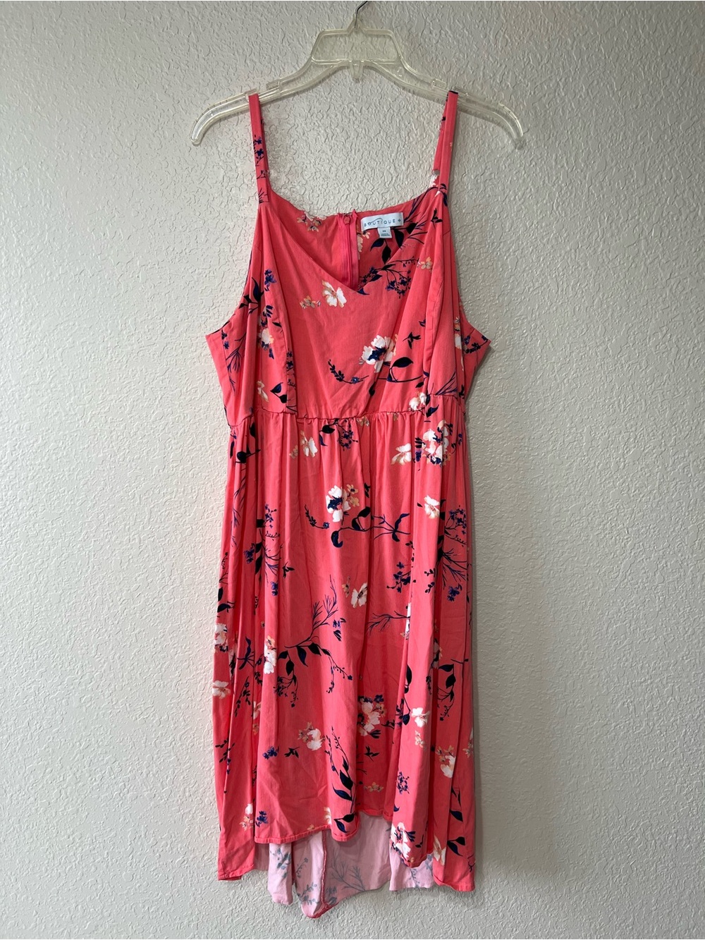 Plus Size 2X Coral Navy White Floral Design Midi Summer Dress Adj Straps